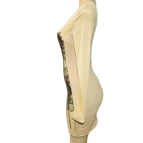 Kora Rae Mesh Beaded Dress Size M Beige Mini Bodycon Long Sleeve Embellished - Picture 3 of 16